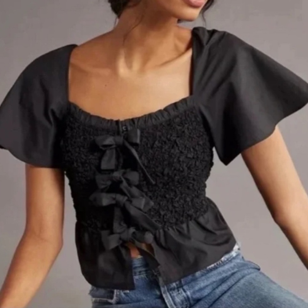 Mare Mare X Anthropologie Shirred Peplum Bows Ties Blouse Shirt Black size M